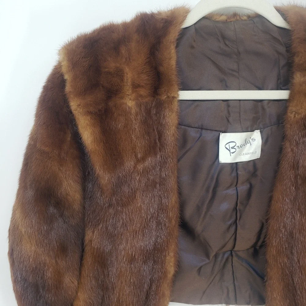 Vintage 50s 60s Mink Fur Cape Women's OS Brown Shawl Collar Stole Wrap Glam